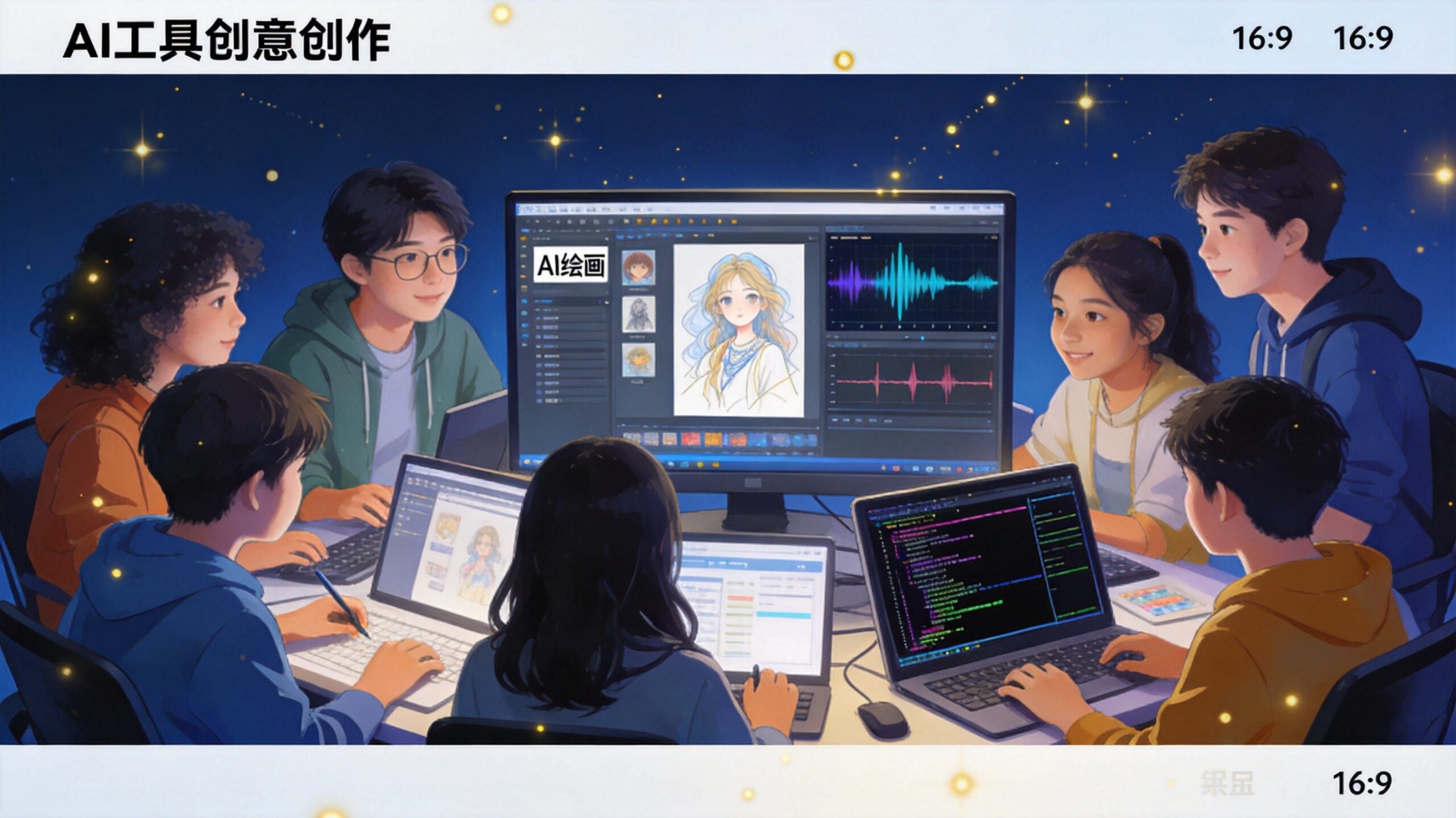 青少年AI创意教育，学生使用AI工具进行音乐绘画创作