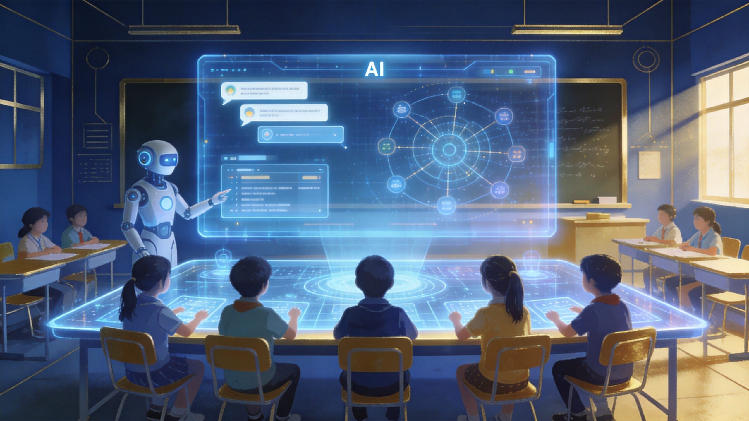 AI通识课走进中小学课堂，学生在智能教室中进行AI互动学习