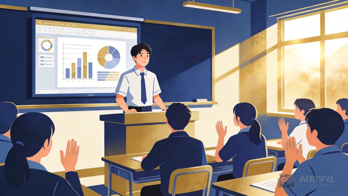 青少年学生在教室讲台前自信演讲,身后大屏幕展示带图表的精美幻灯片