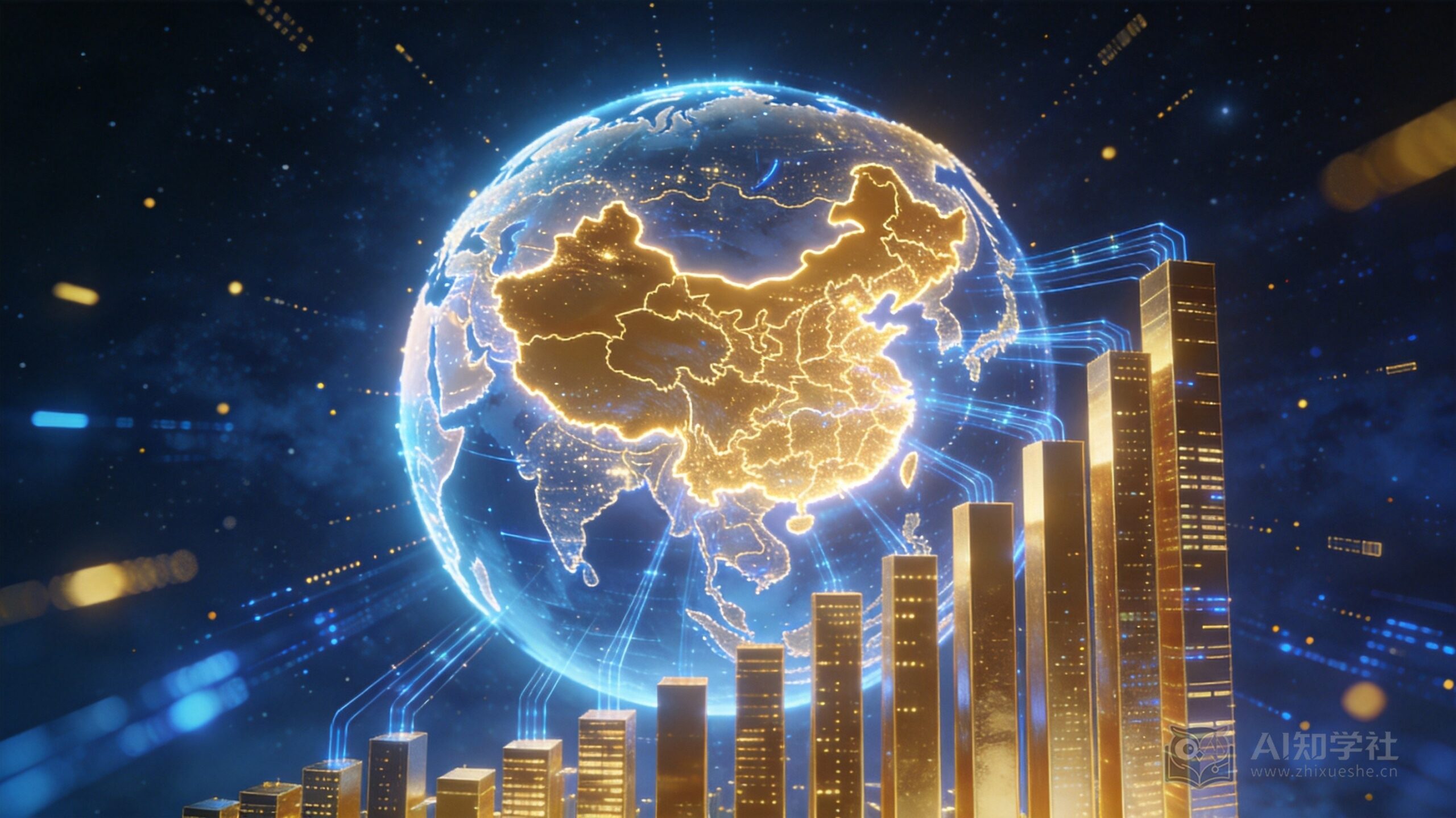 深蓝色地球上方,金色中国标识的数据柱远超其他区域柱状图,象征中国AI大模型全球领先