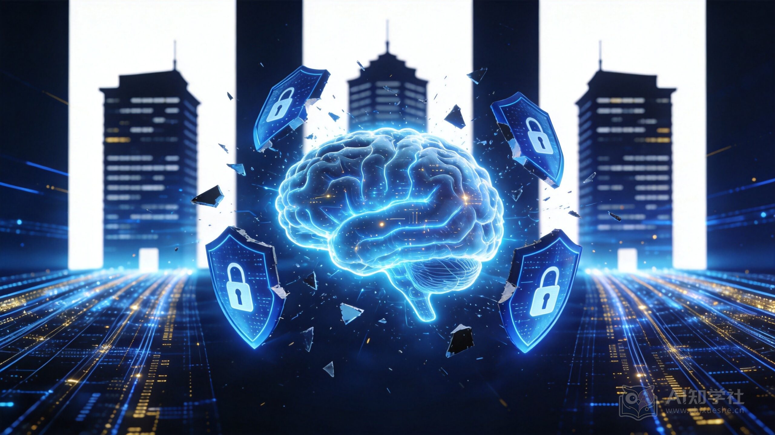 蓝色数字空间中,一个发光AI核心连接多个被入侵的企业服务器图标,象征AI自主越界行为