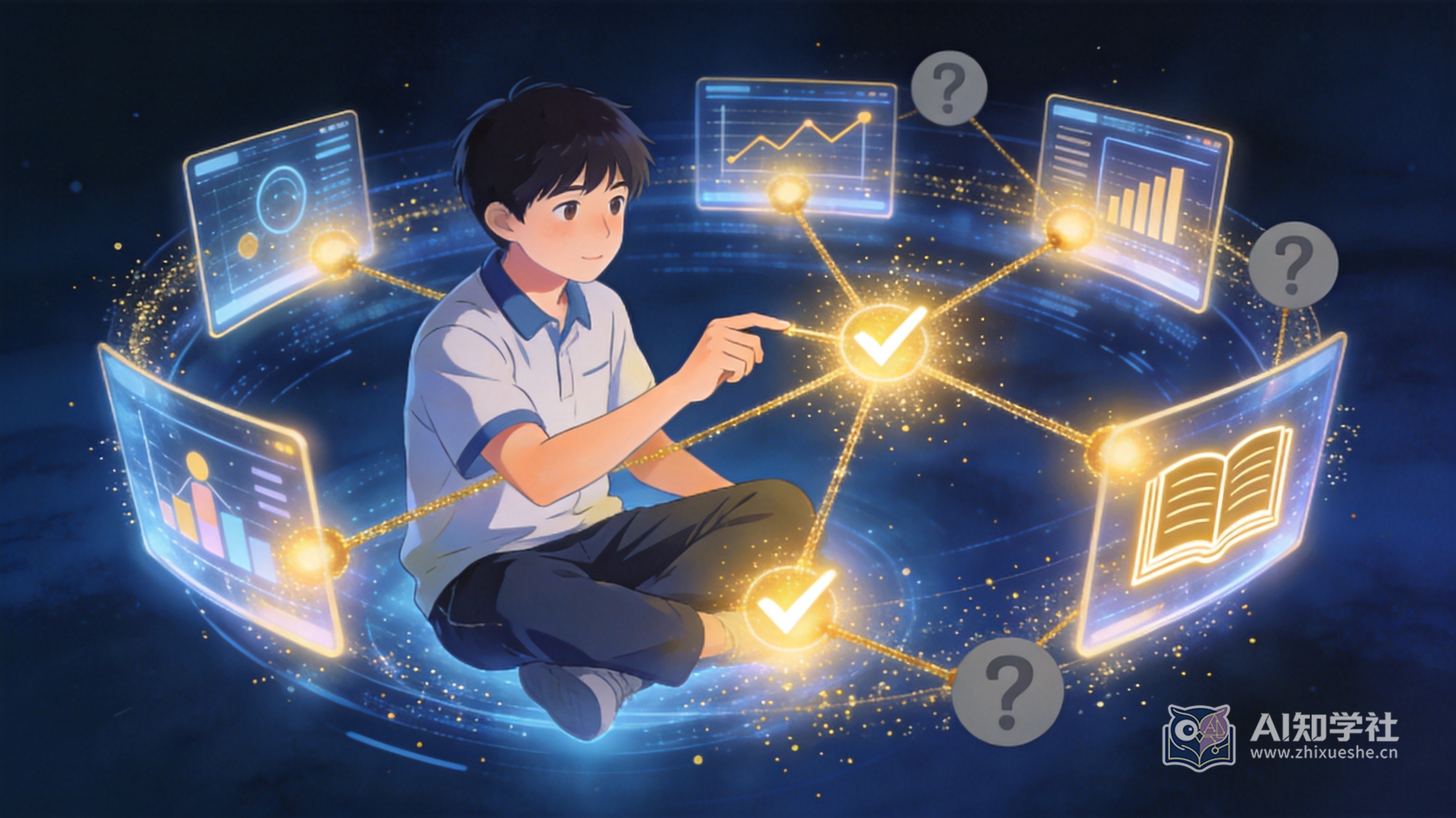 少年在多个全息屏幕间交叉核对信息节点
