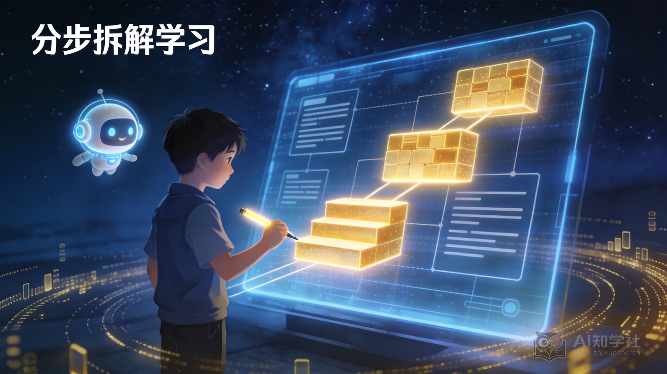 少年在全息屏幕前跟随AI助教分步拆解作文结构
