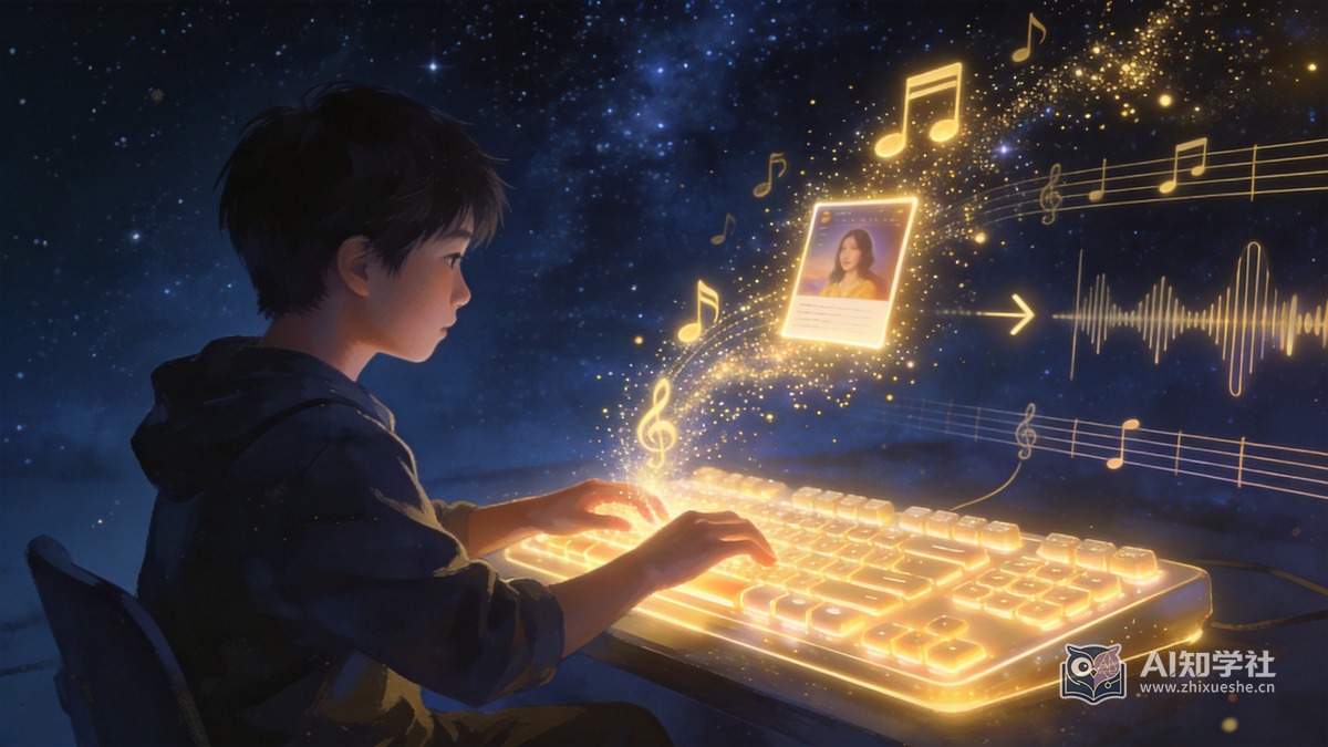 少年在键盘上输入灵感,金色音符光流飞出汇聚成歌曲卡片,象征三步写歌法