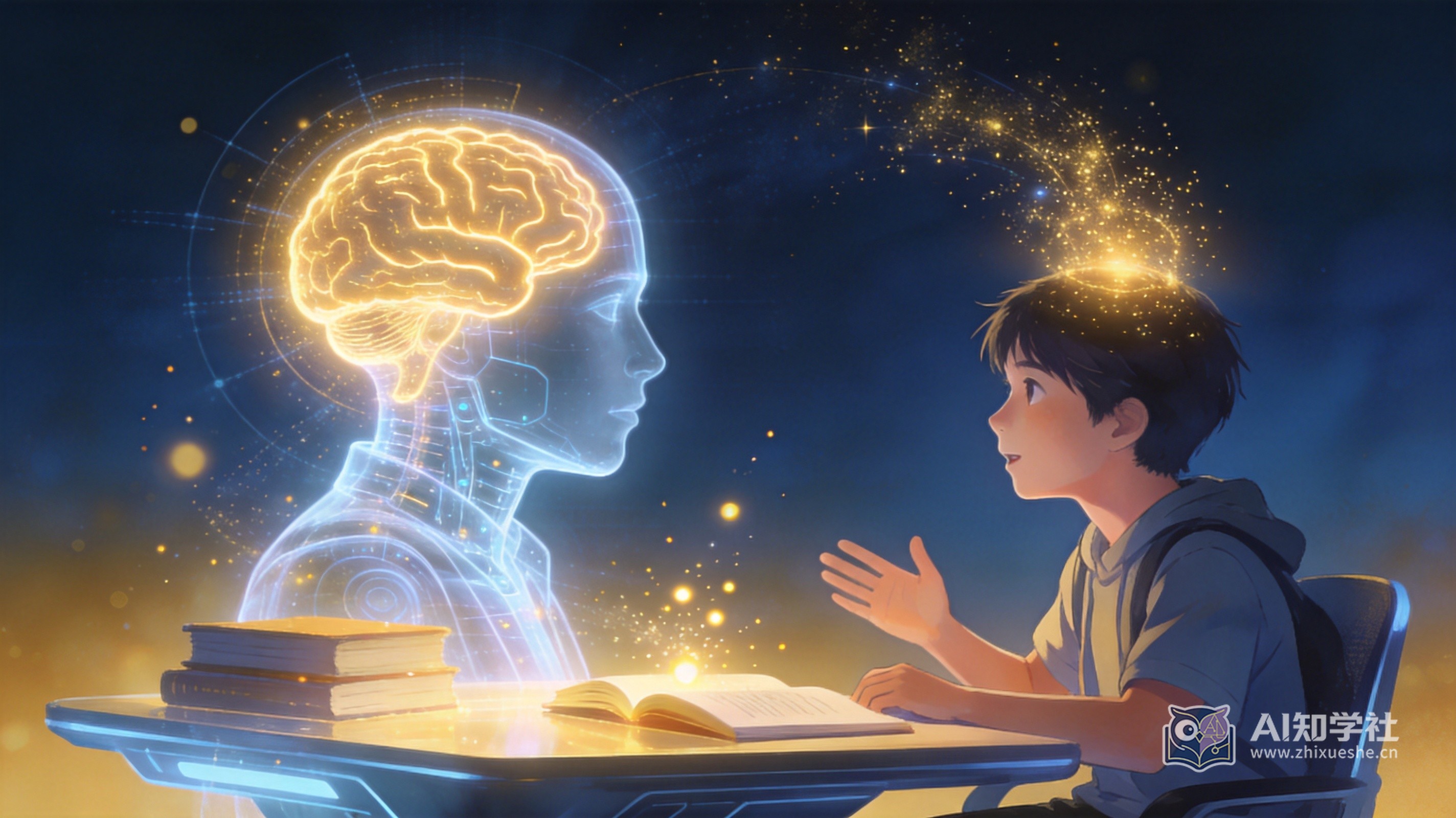 学生与全息AI导师对话,头顶发光大脑象征独立思考