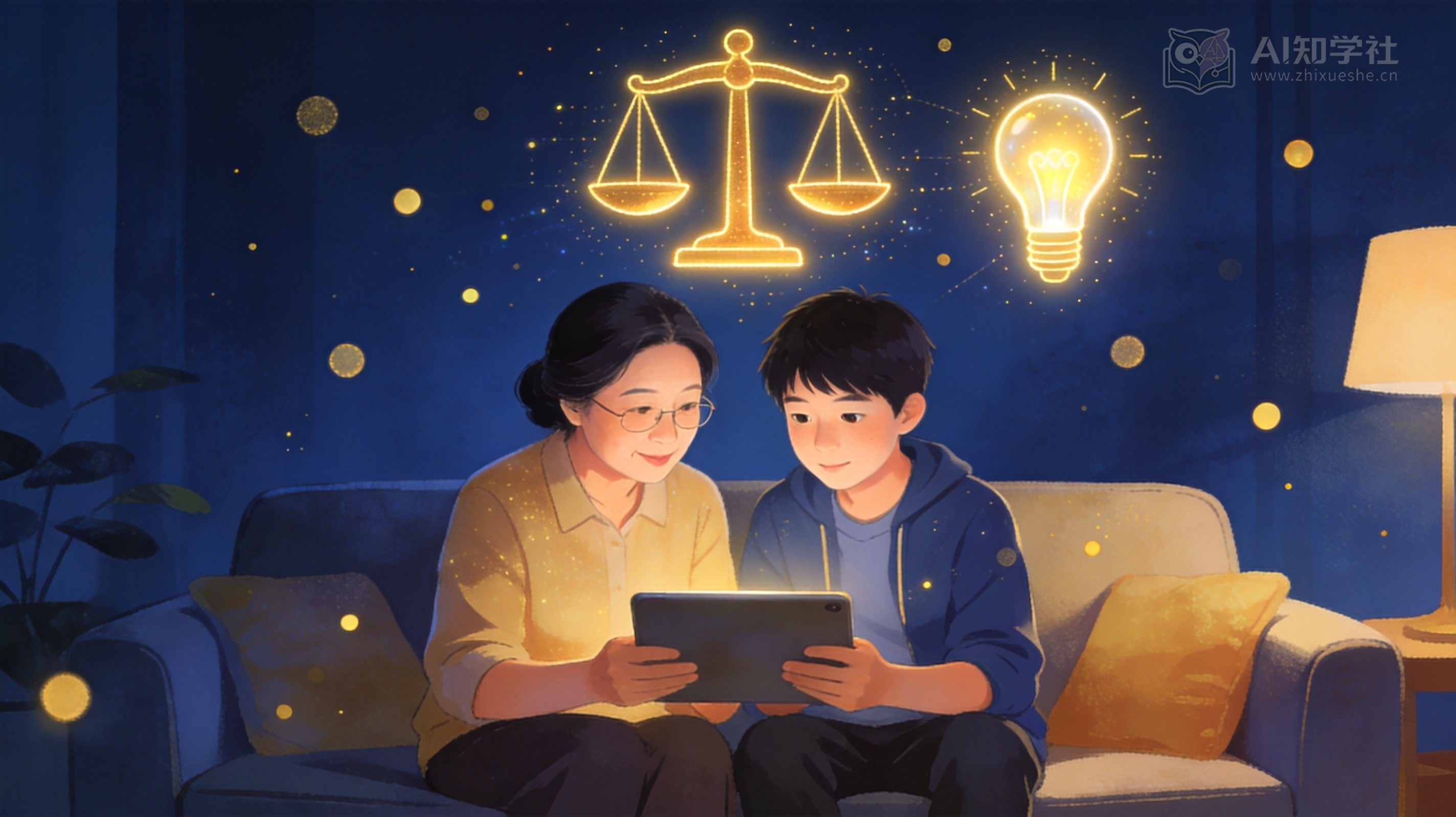 家长与孩子并肩看平板电脑,头顶悬浮金色天平与发光灯泡图标,象征家庭中培养判断力