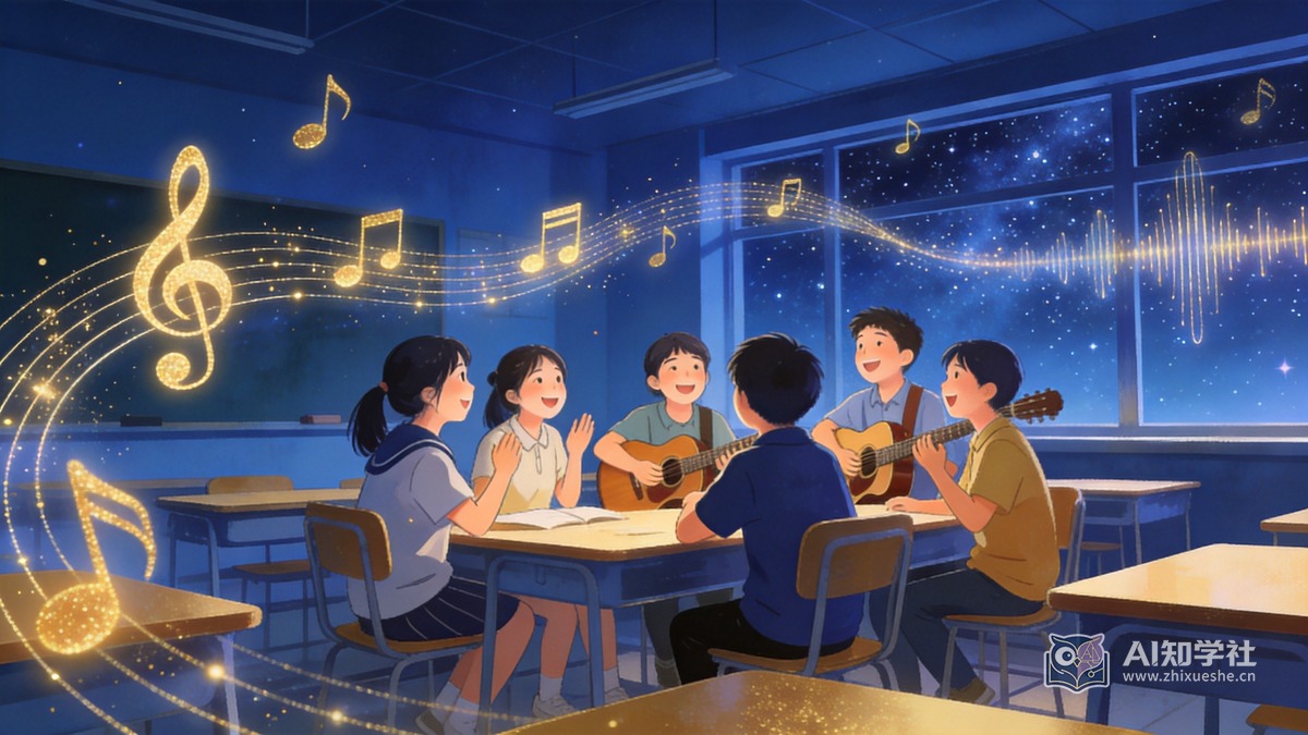 教室里青少年们围在一起听音乐,金色音符和声波环绕教室,象征AI音乐走进校园生活