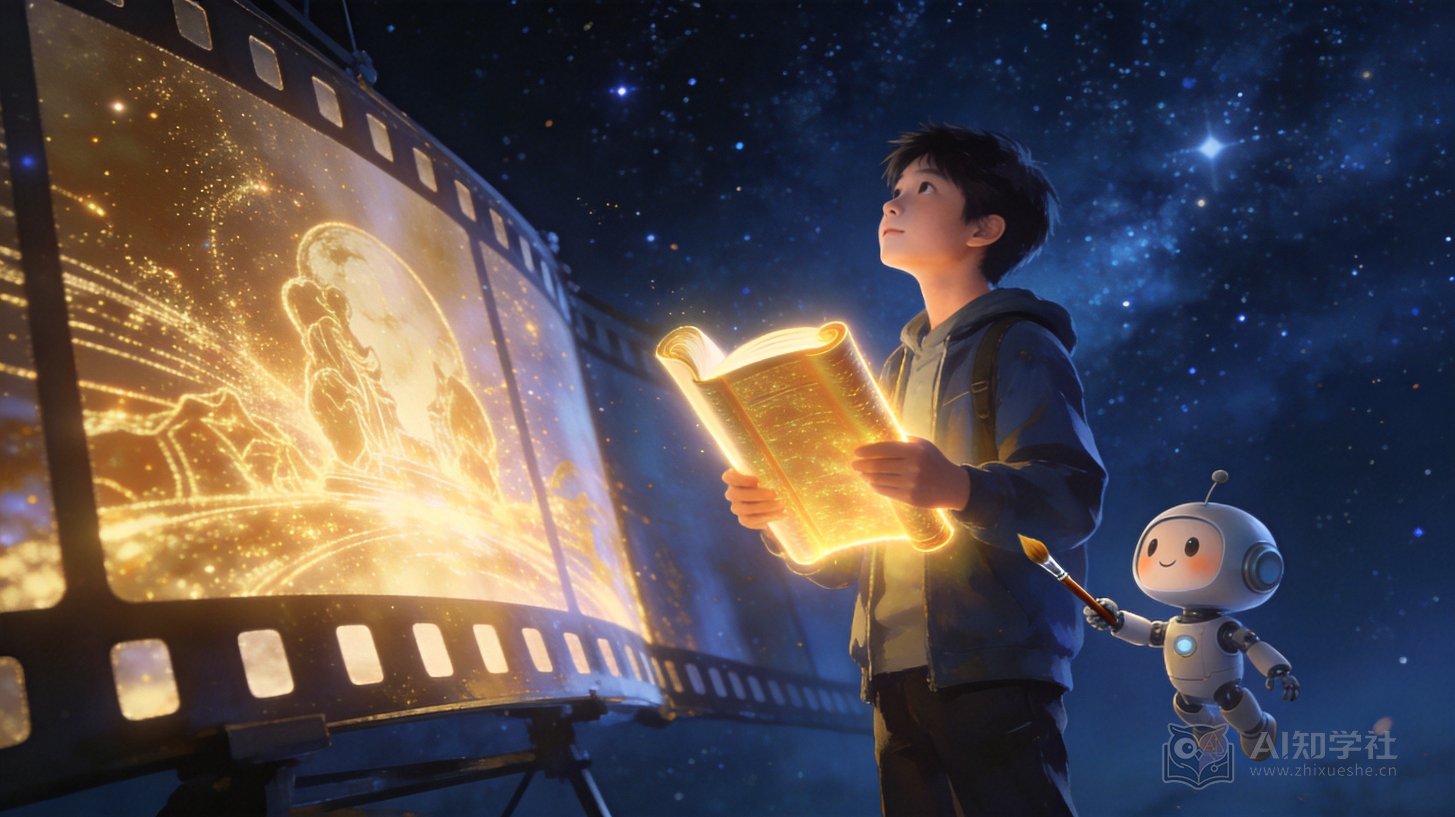 少年手持发光剧本担任AI创作总导演