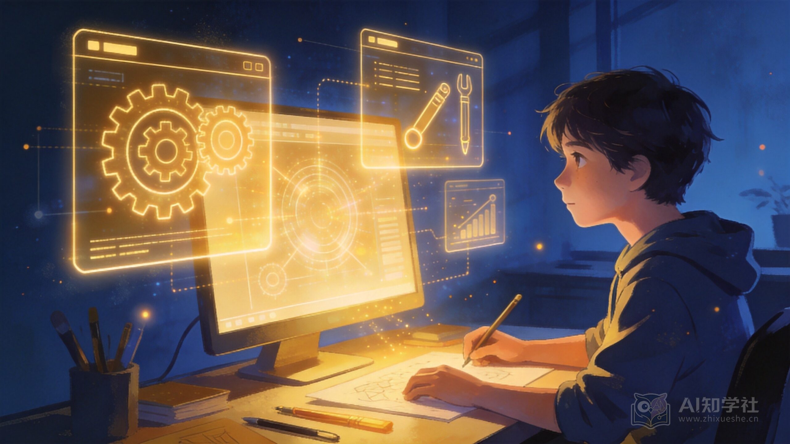 少年在电脑前用AI工具创作作品,屏幕浮现金色全息界面,深蓝金色科技风