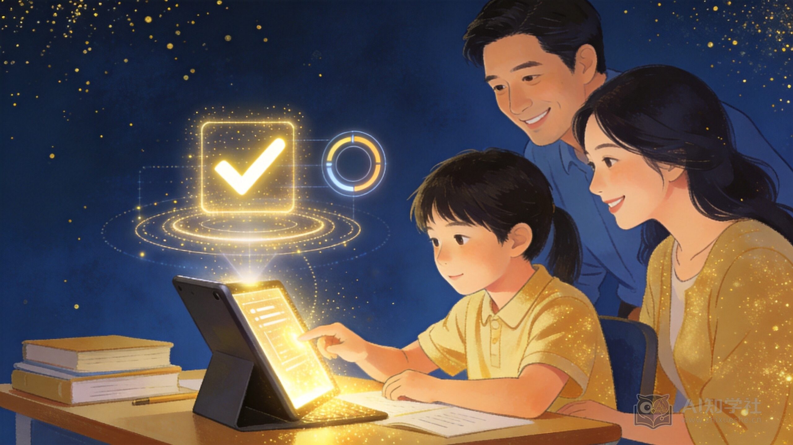 青少年在平板前做互动测验,家长在旁陪伴,屏幕浮现金色对勾