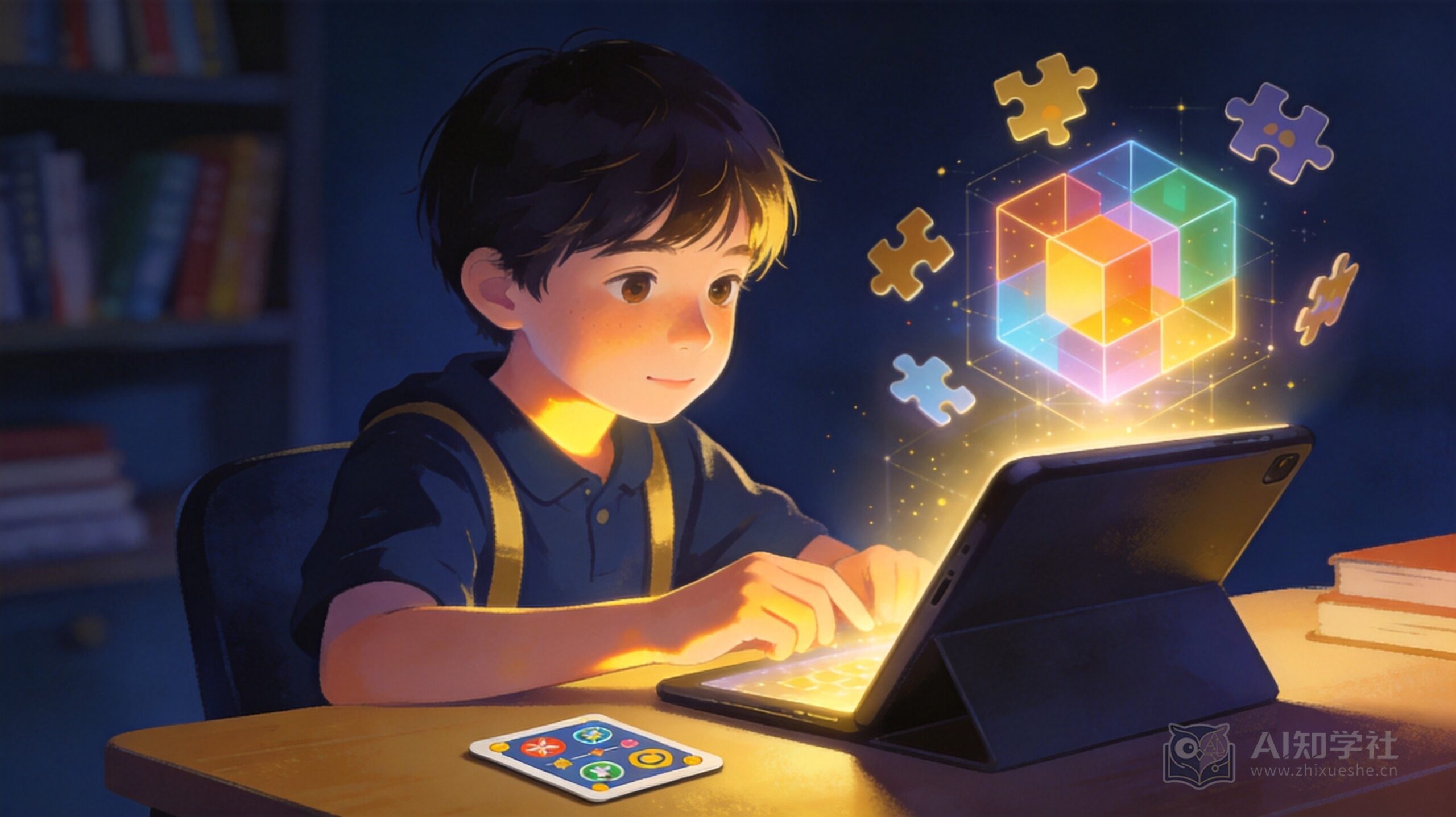 孩子坐在书桌前用平板电脑，全息投影中浮现可交互的几何图形与游戏化学习卡片